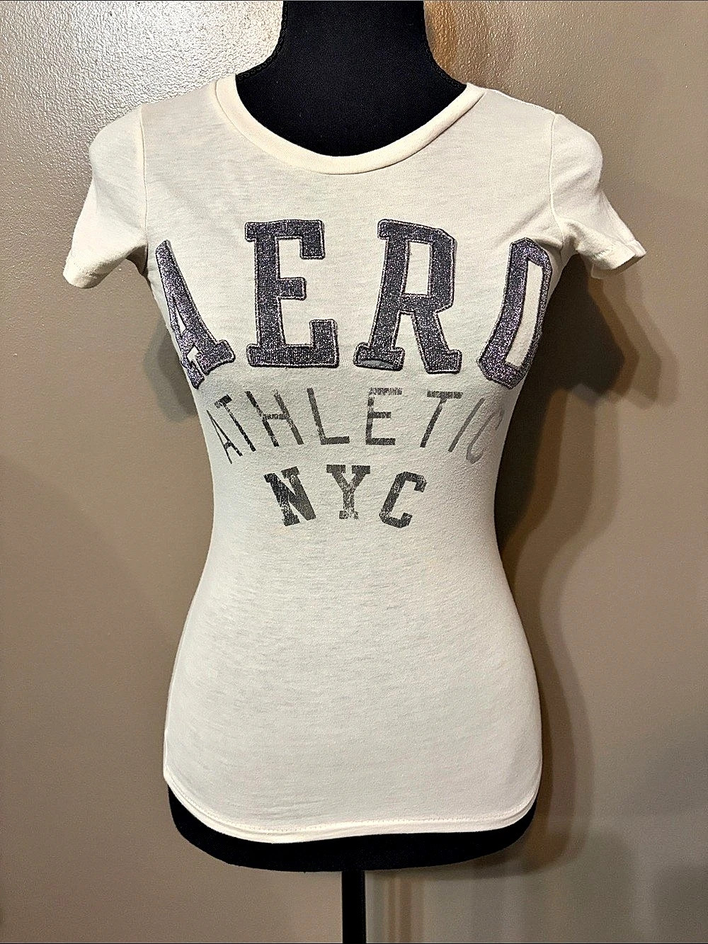 Aeropostale Aero Athletic NYC Glitter Graphic Tee Cream & Silver XS